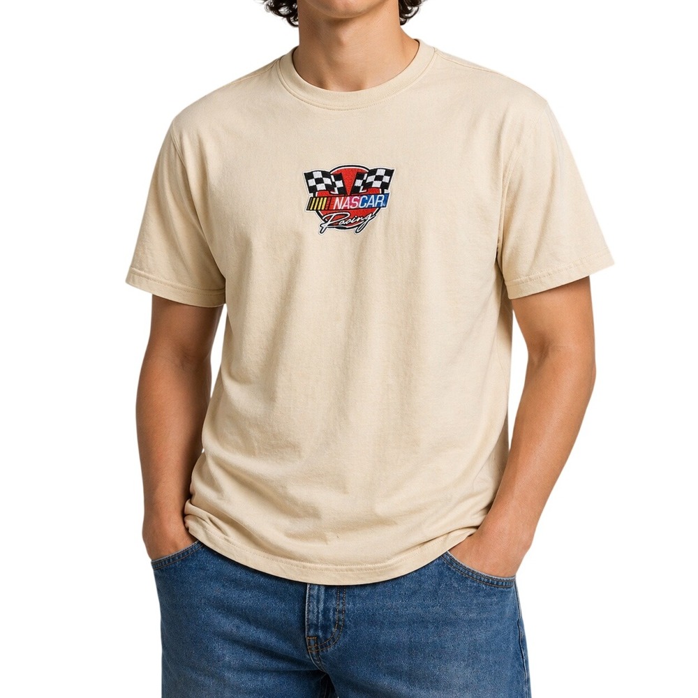 NASCAR Racing Embroidered Logo T-Shirt Mens Small Cream Tan Short Sleeve Tee
